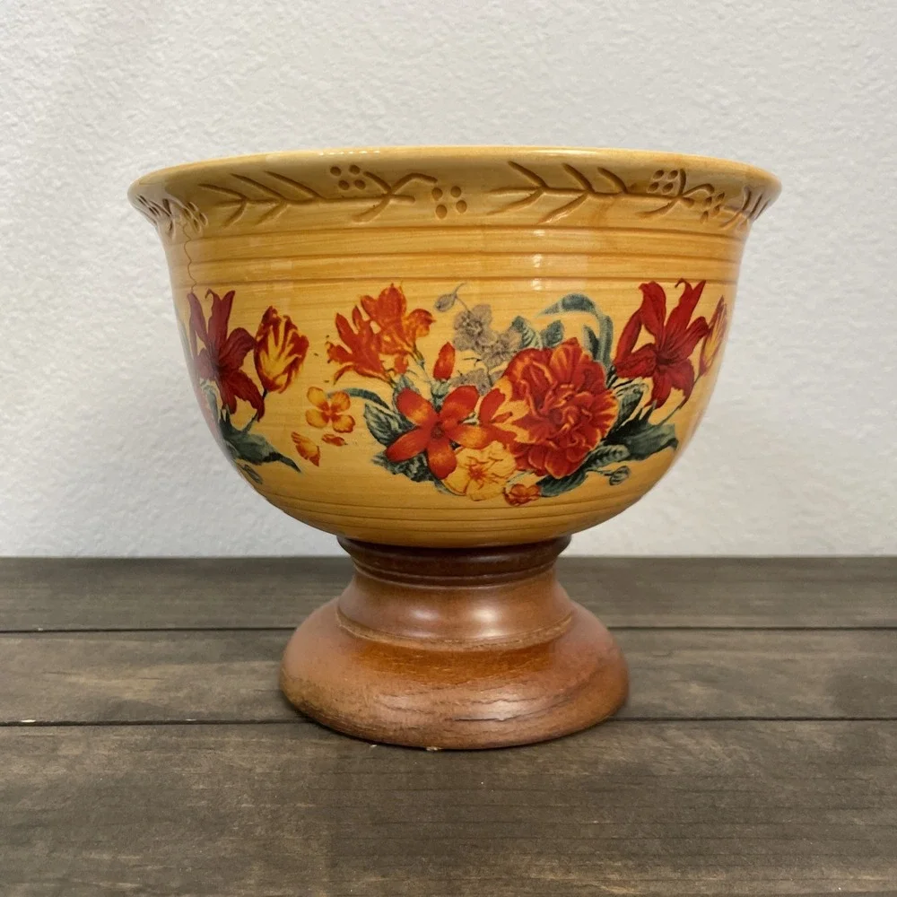 FTD Ceramic Centerpiece Bowl Wood Footed Floral Vase Fall Thanksgiving Decor